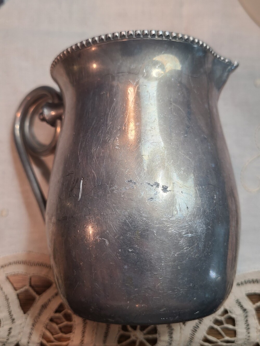 Vtg Antique-Style Pewter Creamer Pitcher with Ornate Handle 🩶